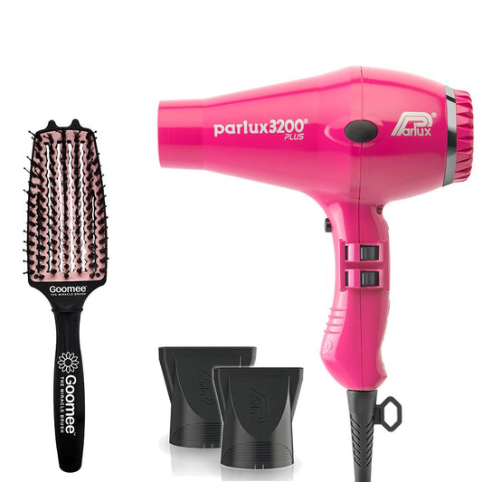 Parlux 3200 Plus Fuchsia Hair Dryer and Miracle Detangling Brush Medium Size Nylon & Boar Bristles for All Hair Types – Blush Pink