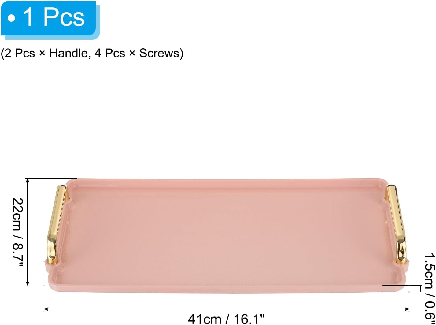 PATIKIL Plastic Serving Tray with Golden Handle, 16.1" x 8.7" Modern Rectangular Decorative Tray Reusable Jewelry Platter for Countertop Bathroom Kitchen, Pink