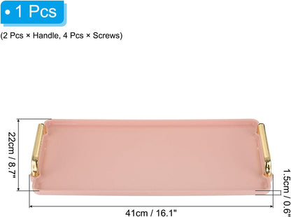 PATIKIL Plastic Serving Tray with Golden Handle, 16.1" x 8.7" Modern Rectangular Decorative Tray Reusable Jewelry Platter for Countertop Bathroom Kitchen, Pink