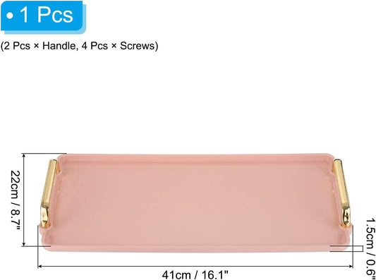 PATIKIL Plastic Serving Tray with Golden Handle, 16.1" x 8.7" Modern Rectangular Decorative Tray Reusable Jewelry Platter for Countertop Bathroom Kitchen, Pink