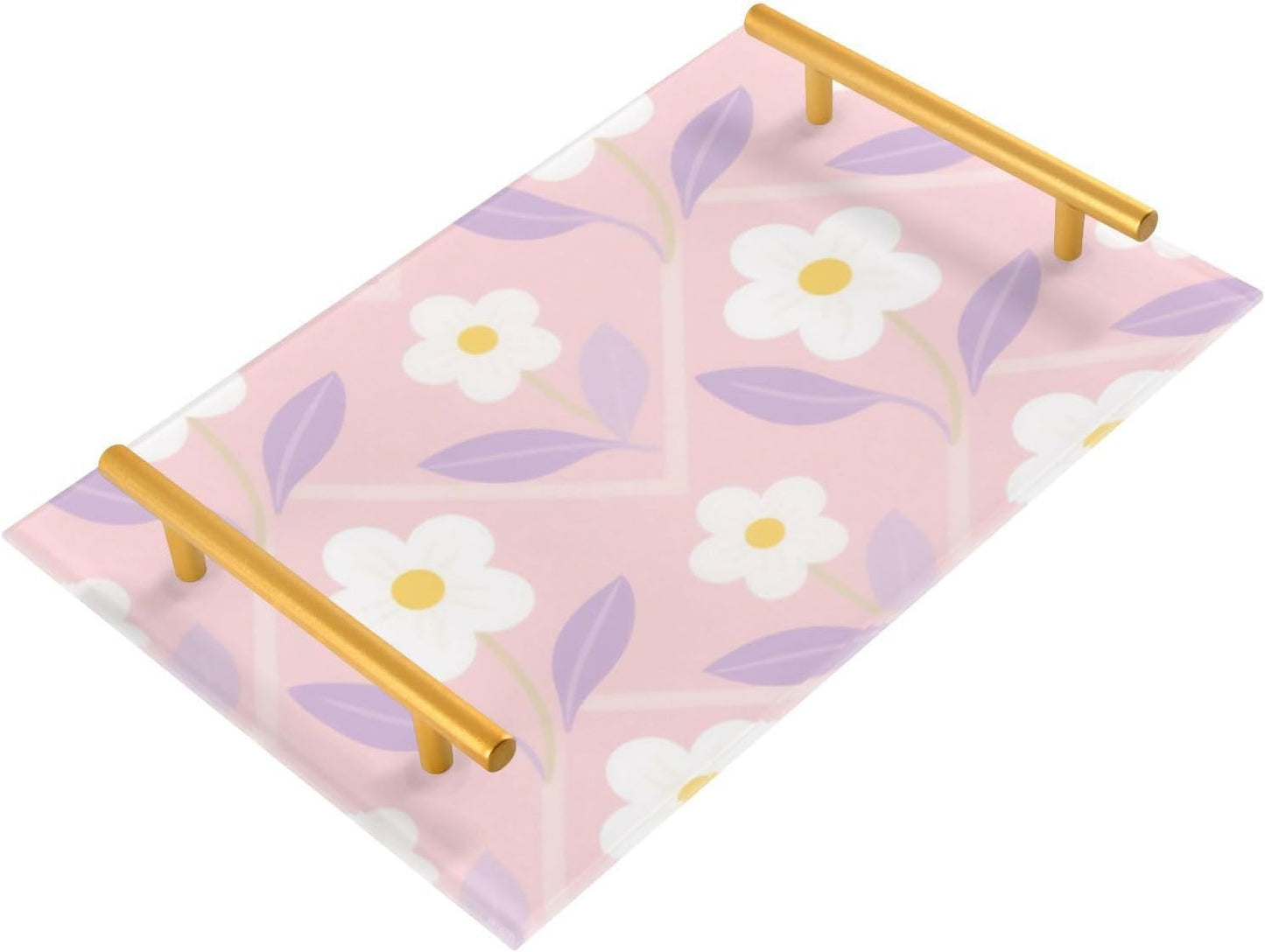 Light Pink White Flower Decorative Kitchen Trays with Handles Large Serving Tray for Jewelry Perfume for Living Room Entryway Bedroom