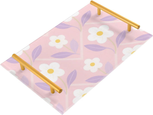 Light Pink White Flower Decorative Kitchen Trays with Handles Large Serving Tray for Jewelry Perfume for Living Room Entryway Bedroom