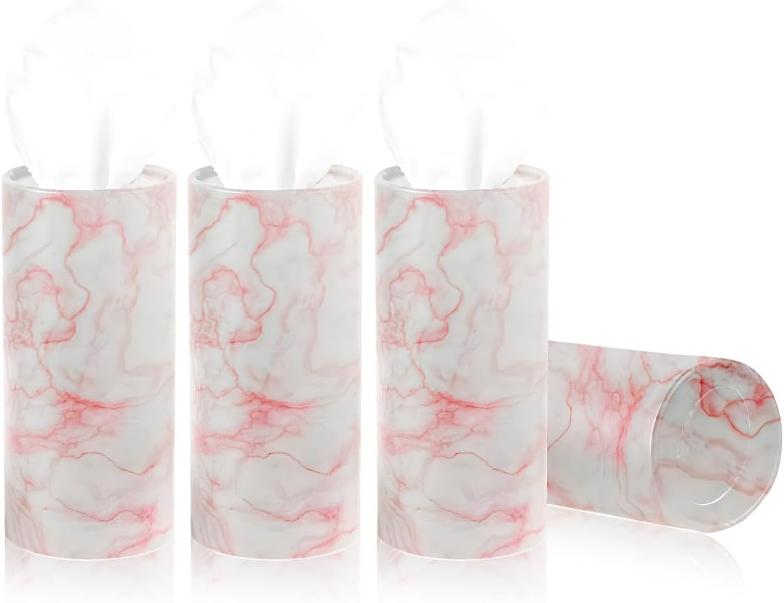4 PCS Car Tissue Holder, Refillable Auto Cup Holder Round Napkin Container with Facial Tissues, Portable Tissue Box Paper Towel Cylinder for Most Vehicles, Car Accessories (Marble Pink)