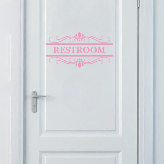 Restroom Sign Wall Decal Vinyl Pink Stickers, Removable Cute Art Design DIY Mural Wallpaper for Women Restroom Bathroom Washroom WC Toilet Office Home Decoration