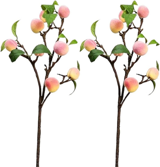 2 Pcs Artificial Peach Branches Realistic Faux Fruit Peach with Leaves Fake Artificial Fruit Stem Bouquet Peach Flower Arrangements for Home Table Centerpiece Party Decoration
