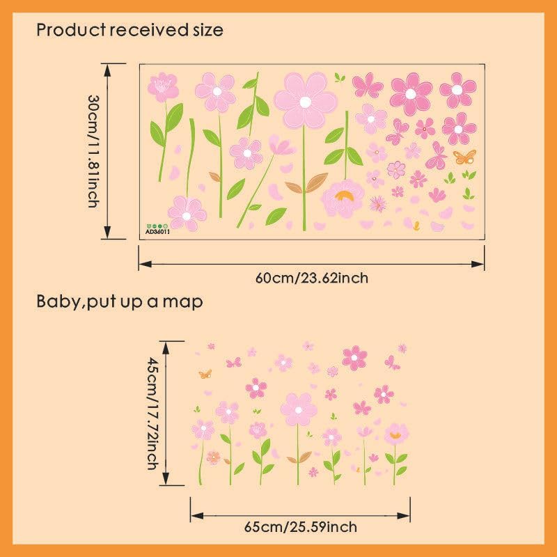 Pink Flower Wall Decals Butterfly Daisy Wall Stickers PVC Floral Decor for Girls Bedroom Living Room Nursery Kids Room