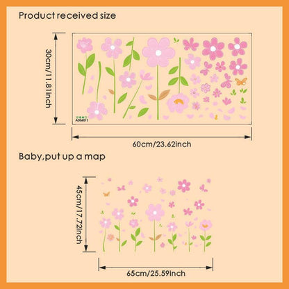 Pink Flower Wall Decals Butterfly Daisy Wall Stickers PVC Floral Decor for Girls Bedroom Living Room Nursery Kids Room