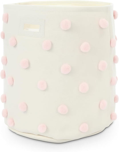 Pink 17.5" D x 20.8" H Pom Pom Basket Bin Large Cotton Canvas Laundry Hamper Baby Girl Laundry Basket Storage, Baby Nursery Hamper for Nursery Playroom Home Room Organizer Decor