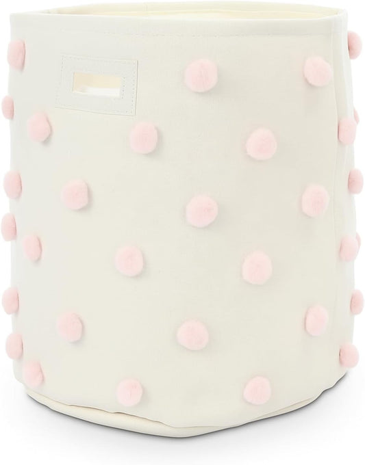 Pink 17.5" D x 20.8" H Pom Pom Basket Bin Large Cotton Canvas Laundry Hamper Baby Girl Laundry Basket Storage, Baby Nursery Hamper for Nursery Playroom Home Room Organizer Decor