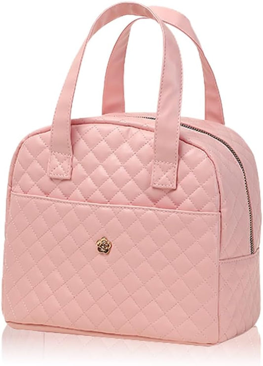 Lunch Bag, Small Lunch Tote Bag for Women, Water-repellent Pu Leather Lunch Box, Quilted Lunch Bag (Pink)