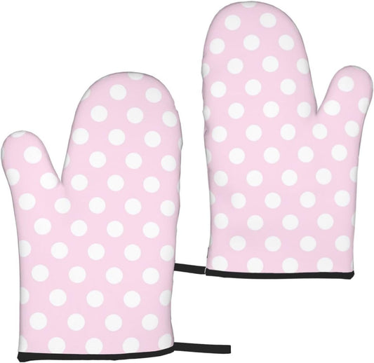 Light Pink Polka Dot Print A Oven Mitts for Women, Cute Kitchen aid Oven Mitts Heat Resistant with Cotton Lining