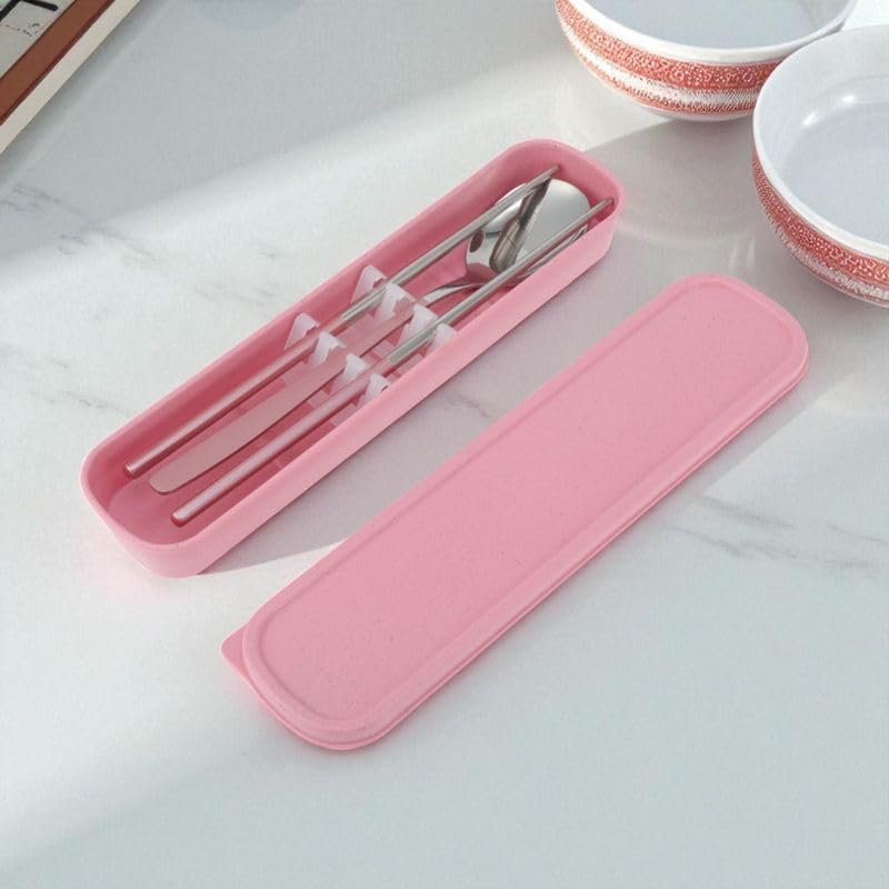 Livvera 410 Stainless Steel Spoon and Chopsticks Set with Portable Box, Silver Tone and Pink – 1 Set