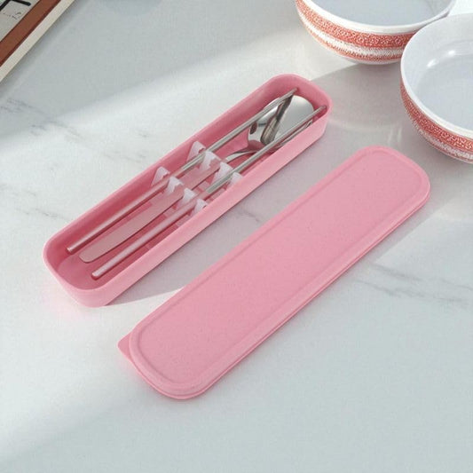 Livvera 410 Stainless Steel Spoon and Chopsticks Set with Portable Box, Silver Tone and Pink – 1 Set