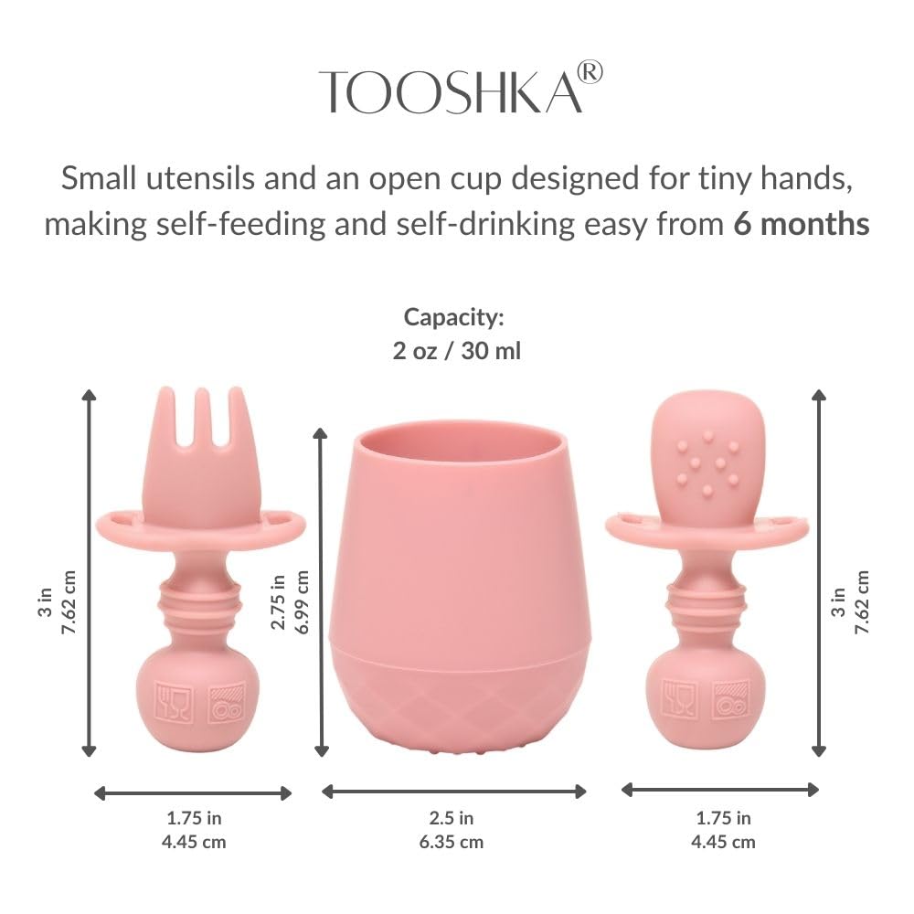 Tooshka® Baby Utensil Set (3 pcs) - Self Feeding Spoons and Tiny Cup - Silicone & BPA Free - Baby-Led Weaning (BLW) Supplies - Ages 6+ Months - Pink Baby Cup & Utensils