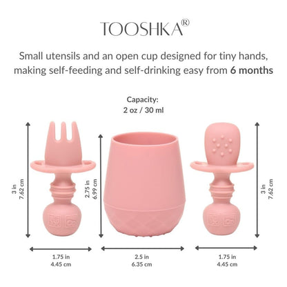 Tooshka® Baby Utensil Set (3 pcs) - Self Feeding Spoons and Tiny Cup - Silicone & BPA Free - Baby-Led Weaning (BLW) Supplies - Ages 6+ Months - Pink Baby Cup & Utensils