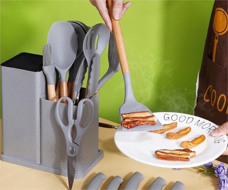 19-Piece Kitchen Utensil & Knife Block Set: 12 Non-Stick, Heat-Resistant Silicone Cooking Utensils (Spatula, Tongs, Ladle, Scissors) + 5 Sharp Kitchen Knives & Cutting Board (Pink)