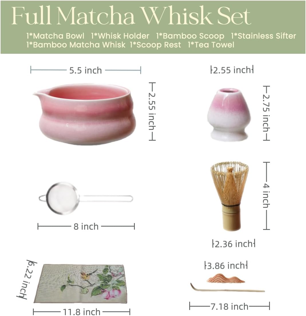 7pcs sunset pink matcha whisk set with cute 'Chubby Belly' design - complete matcha kit set includes bamboo whisk, bowl, stand, scoop, sifter, towel -ideal gift for women and Japanese tea ceremony