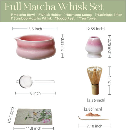 7pcs sunset pink matcha whisk set with cute 'Chubby Belly' design - complete matcha kit set includes bamboo whisk, bowl, stand, scoop, sifter, towel -ideal gift for women and Japanese tea ceremony