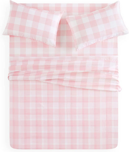 Wake In Cloud - Gingham Bed Sheets, 4-Piece Sheet Set, Cute Plaid Buffalo Check Checker Geometric Aesthetic Bedding, Deep Pocket, Pink, Queen Size