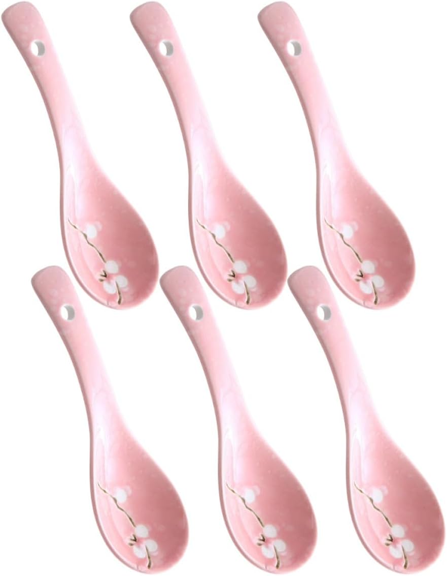 6pcs Japanese Ceramic Porridge Spoons Set Snowflake Pattern Pink Kitchen Utensils for Home Dining and Restaurant Use