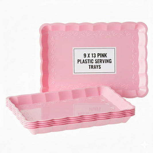 6 Pack Pink Plastic Serving Trays for Party, 9 x 13 Inch - Heavy Duty Plastic Trays for Food - Rectangular Party Serving Trays and Platters - Pink Disposable Trays
