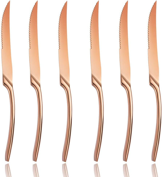 Lemeya Stainless Steel Steak Knives Set of 6,Forge Steak Knife,Serrated Steak Knives Set,6 Piece Heavy Steak Knives-10 inch,Mirror Polished,Dishwasher Safe (Rose gold, 6 Pieces Set)