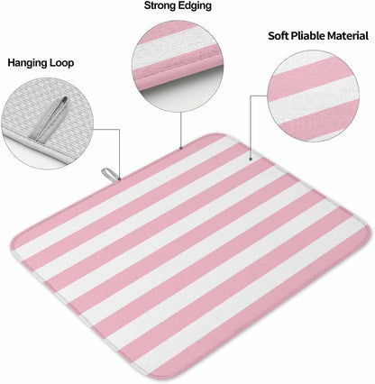 Dish Drying Mat Pink White Stripes Dish Drying Mats for Kitchen Counter Valentine's Day Absorbent Microfiber Dish Drying Mat Dish Rack Mat with Hanging Loop, Quick Drying Dish Mat 16*18in