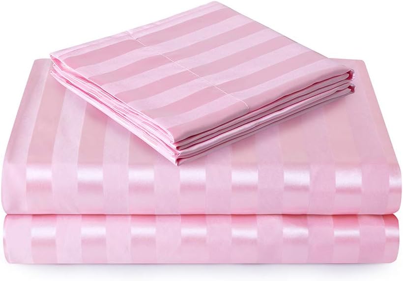 Lanest Housing Satin-Silk Sheets Full Size Bed Set, Pink Soft Cooling Deep Pocket Sheets, Hypoallergenic, Wrinkle and Fade Resistant Bedding Set, Striped
