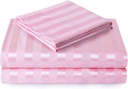 Lanest Housing Satin-Silk Sheets Full Size Bed Set, Pink Soft Cooling Deep Pocket Sheets, Hypoallergenic, Wrinkle and Fade Resistant Bedding Set, Striped