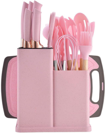 19-Piece Kitchen Utensil & Knife Block Set: 12 Non-Stick, Heat-Resistant Silicone Cooking Utensils (Spatula, Tongs, Ladle, Scissors) + 5 Sharp Kitchen Knives & Cutting Board (Pink)