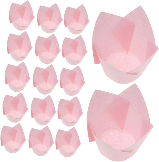 Healifty 50pcs Pink Tulip Baking Liners Greaseproof Cupcake Wrappers Nonstick Paper Baking Cases for Birthday Party Weddings Disposable Cake Pan Liners