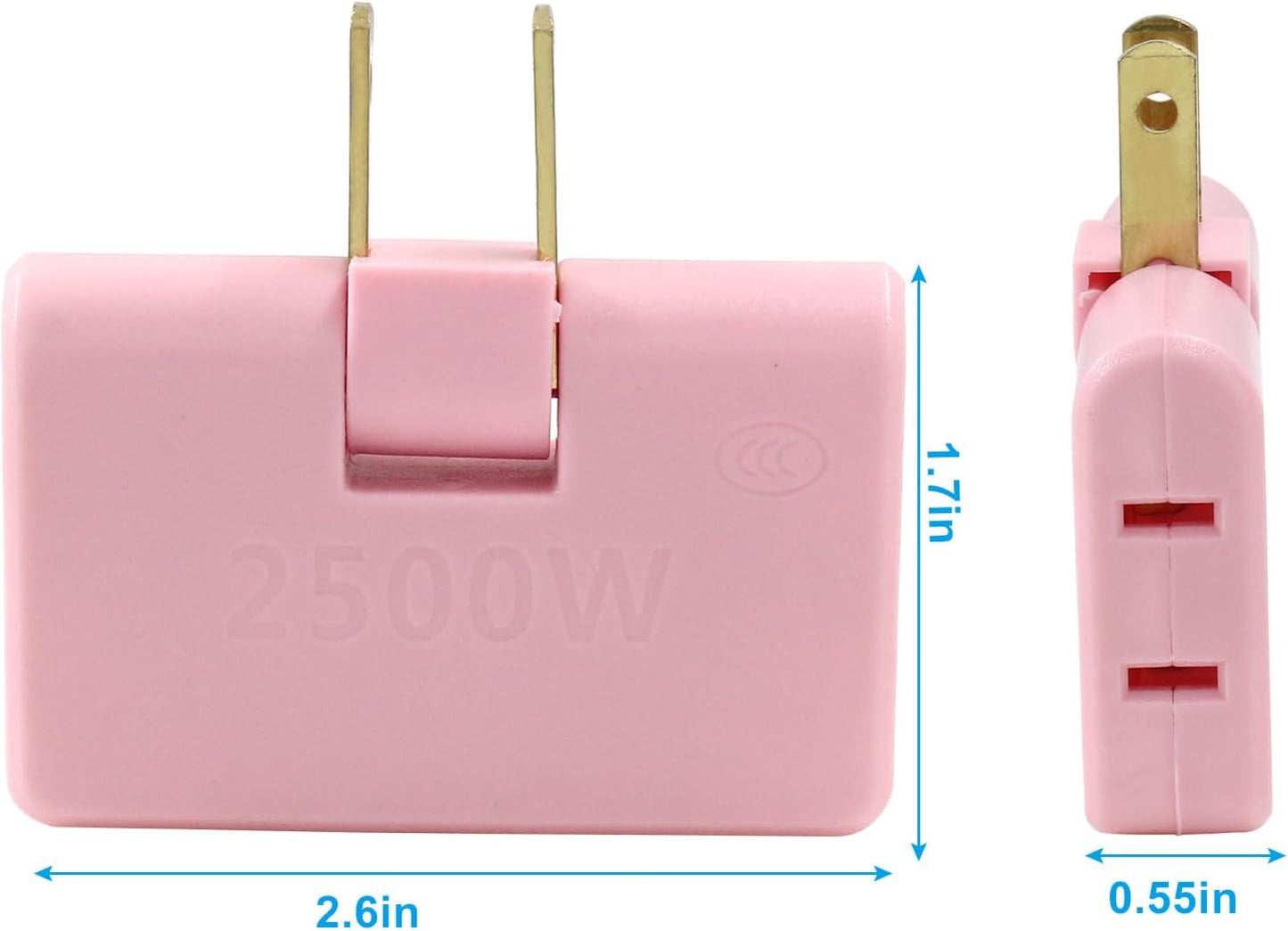 Zorfeter 2Pcs 3 in 1 Pink Rotatable Flat Wall Outlet Extender, Flat Plug Adapter Outlet 2500W, Power Socket Converter Plug Perfect for Home and Travel
