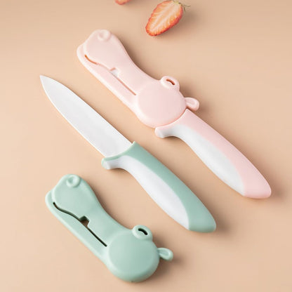2 pcs ceramic knife - 4 Inch green and pink fruit knife with hippo shape cover, paring knife, use for fruit bread vegetable and meat (green and pink)
