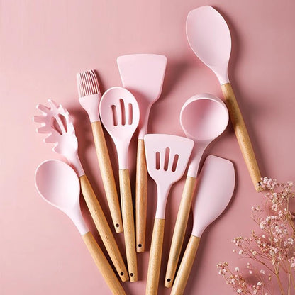12-Piece Silicone Kitchen Utensil Set: Heat resistant up to 446°F. Includes Turner, Tongs, Spatula, Spoon, Brush, Whisk, Wooden Handles, Holder for Nonstick Cookware. (Pink), Medium