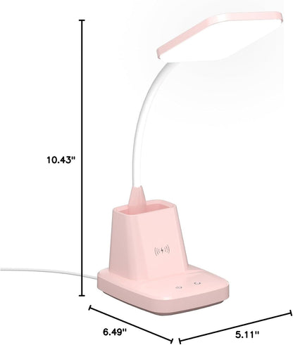 Pink Desk Lamp, Small Desk Lamp with Pen Holder, Wireless Charger LED Desk Lamps for Home Office, Kids Desk Lamps 800LM Flexible Arm 3 Modes Dimmable Touch, Study Lamps for College Dorm Room