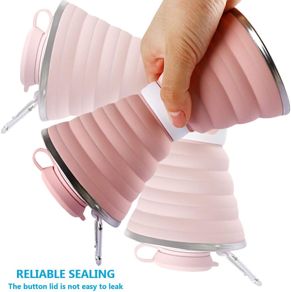 Collapsible Water Bottle, Camping Cup With Carabiner, Reuseable Silicone Foldable Leak Proof Portable Sports Travel Water Bottles For Outdoor, Travel Gym Hiking, BPA Free, Cycling Cups with Carabiner