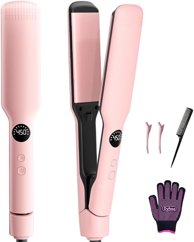 Professional Flat Iron,11 Temps,Fast Heat-Up,Wide Hair Straightener, Ceramic Floating Plate with LED Display, Negative Ion, Auto Shut-Off & Global Voltage, Pink