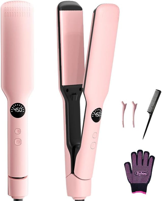 Professional Flat Iron,11 Temps,Fast Heat-Up,Wide Hair Straightener, Ceramic Floating Plate with LED Display, Negative Ion, Auto Shut-Off & Global Voltage, Pink