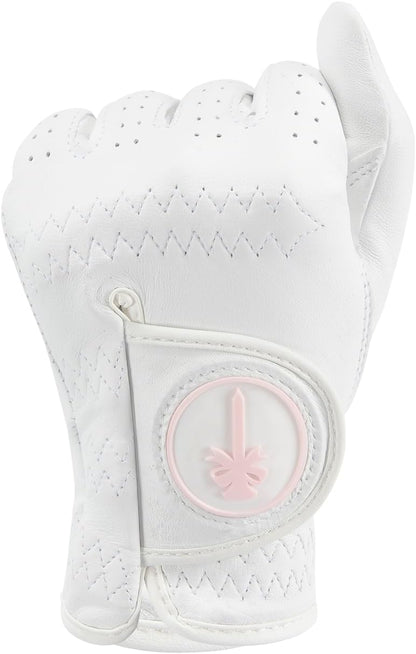PINKTEE Women's Golf Glove Cabretta Leather Left Hand with Enhanced Grip Ladies Soft Pink Glove Fit Size Small Medium Large XL