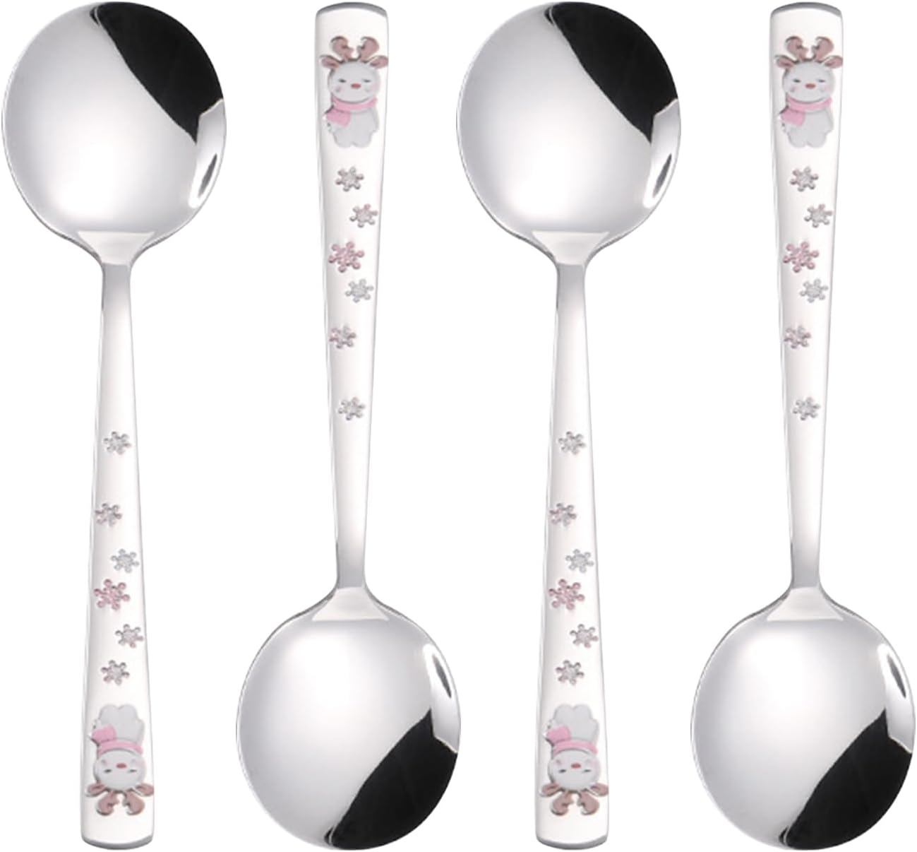 Ouliget Cute Cartoon Stainless Steel Dinner Spoons,Christmas Spoon,Stainless Steel Soup Spoon,7 Inch,Pink Elk,4 Pieces.
