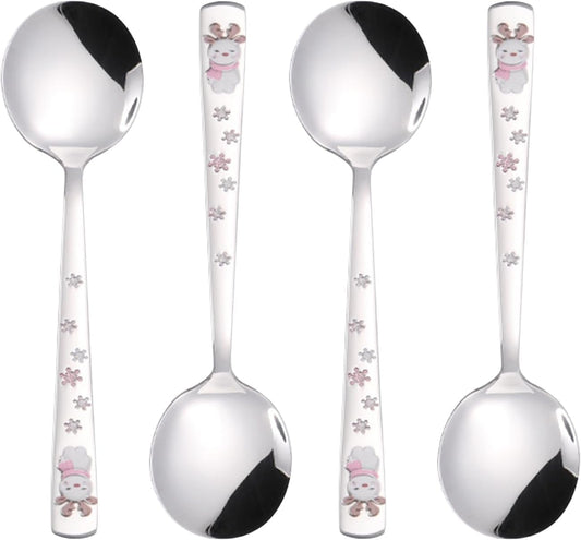 Ouliget Cute Cartoon Stainless Steel Dinner Spoons,Christmas Spoon,Stainless Steel Soup Spoon,7 Inch,Pink Elk,4 Pieces.