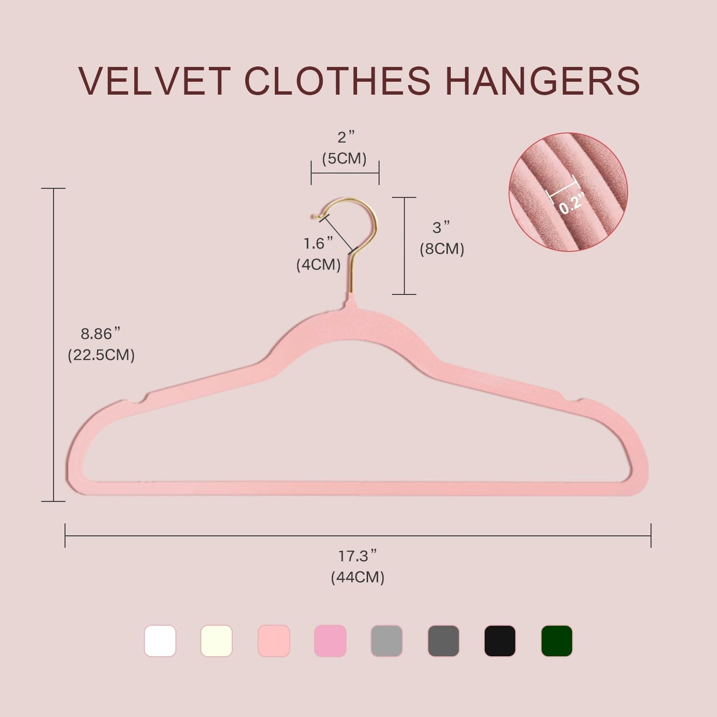 52 Packs Velvet Clothes Hangers, 17.3 Inches Non-Slip Skirt Hangers, Sturdy Dresses Hangers with Shoulder Notches, Space Saving Clothing Hangers for Adults, Pink with Gold Hook