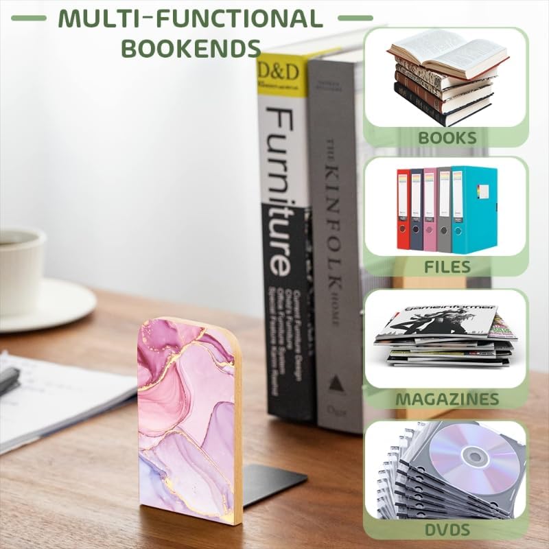 Wood Bookends Non-Slip Bookends Book Stand for Shelves Books/CD - Pink Marble Pattern