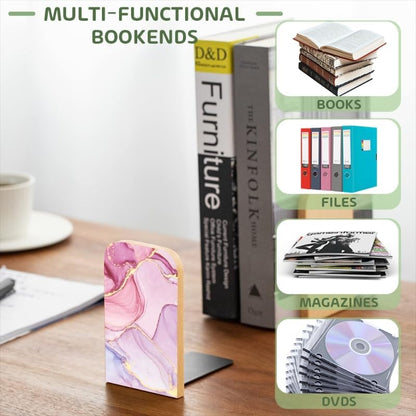 Wood Bookends Non-Slip Bookends Book Stand for Shelves Books/CD - Pink Marble Pattern