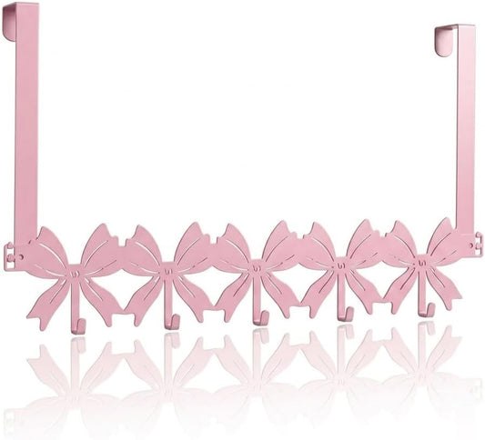 Pink Over the Door Hooks Organizer, Decorative Flat Bow Over Door Towel Hook Rack for Bathroom & Bedroom, Aesthetic Over Door Coat Hook, No Drill Hanging, Detachable Design