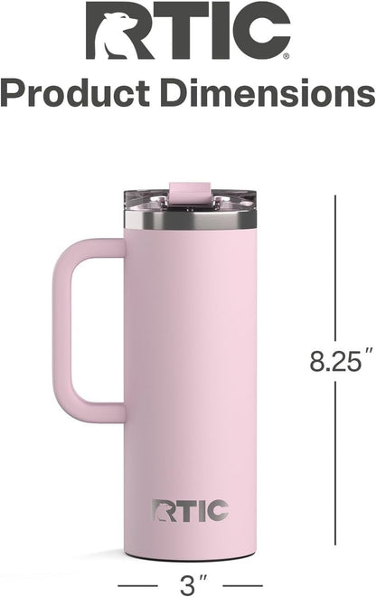 RTIC 20oz Road Trip Travel Mug with Lid and Handle, Ceramic Lined, Insulated, Stainless Steel, Metal, Double Wall Vacuum-Insulation, Portable Coffee, Tea Cup for Hot and Cold Drink, Pale Pink