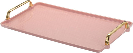 PATIKIL Plastic Serving Tray with Golden Handle, 16.1" x 8.7" Modern Rectangular Decorative Tray Reusable Jewelry Platter for Countertop Bathroom Kitchen, Pink