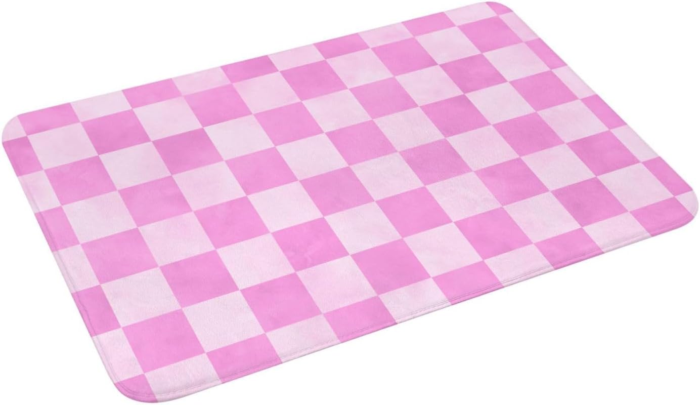 Pink Checker Print Bathroom Rugs, Machine Washable Bath Mats Shower Rug for Bathroom, Non Slip Absorbent Bath Mat Rugs 16x24 Inches
