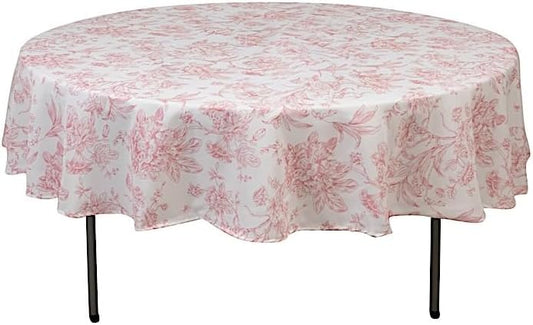 Balsa Circle 90" White and Pink French Toile Polyester Round Vintage Pastoral Floral Rustic Table Cloth Washable Table Cover for Indoor&Outdoor, Farmhouse Decor, Picnic, Tabletop Decoration