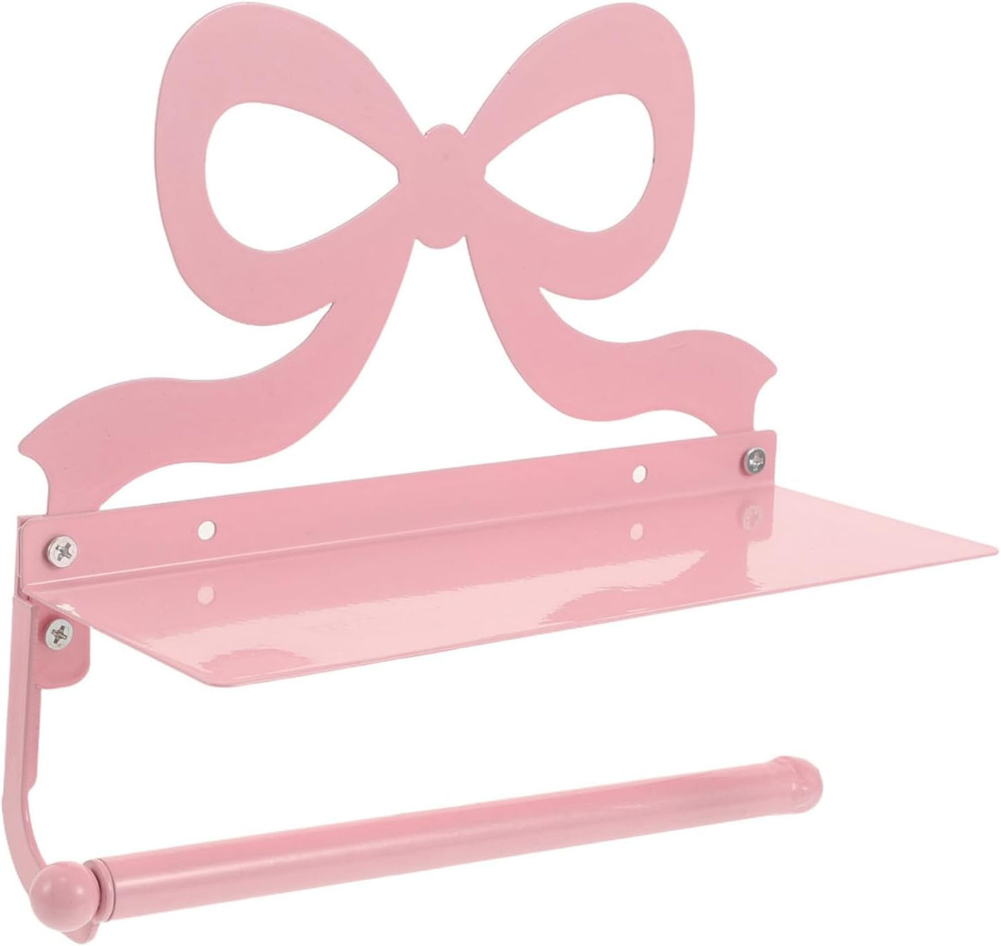 Toilet Paper Holder with Phone Shelf - Pink Bow Wall Mount Tissue Roll Holder - Decorative Tissue Dispenser Stand - Wedding Bathroom Decor Accessory